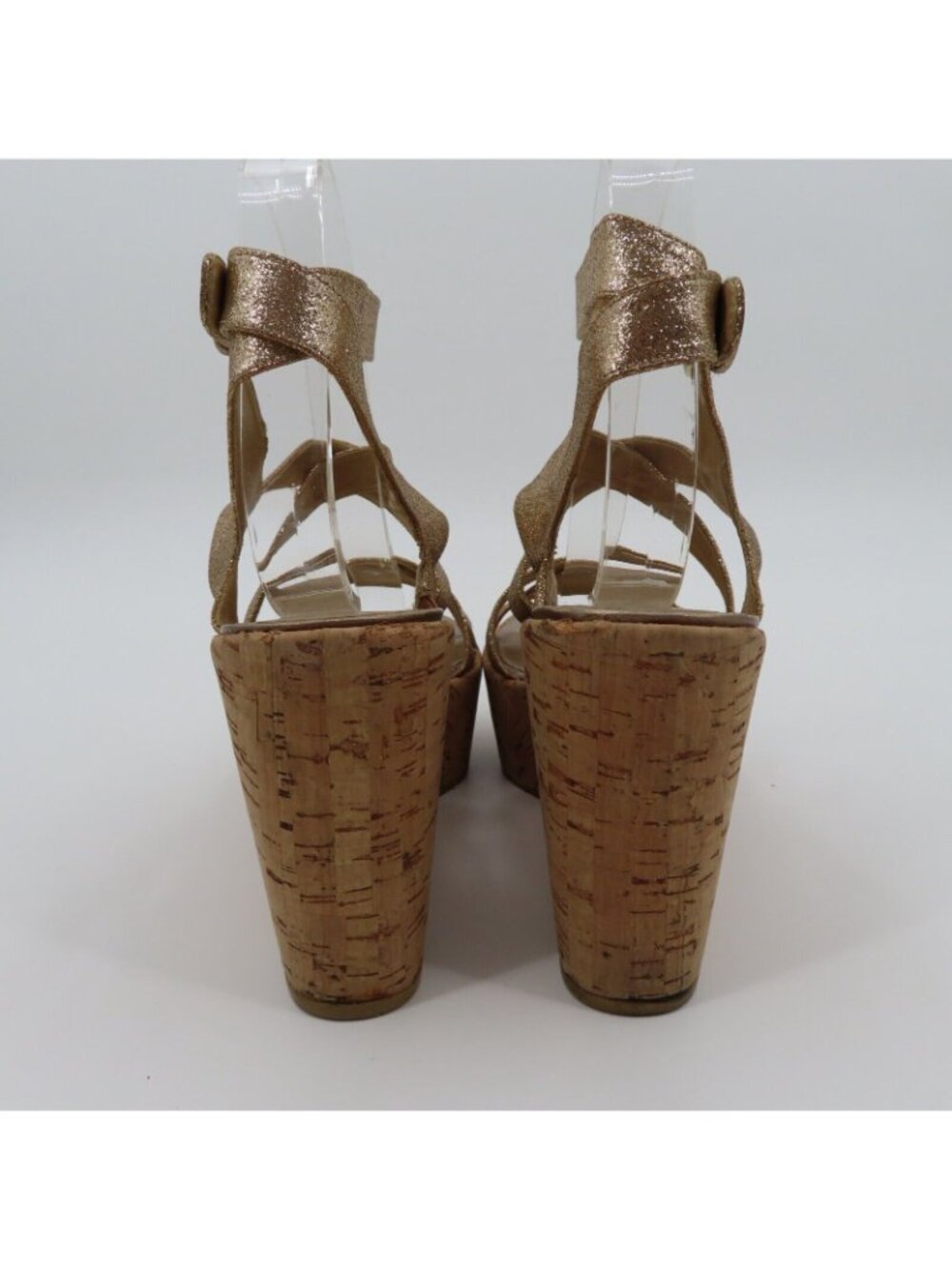 Stuart Weitzman Women 9M Gold Glitter Cork Platform Wedge Sandals Strappy Shoes - Picture 6 of 13